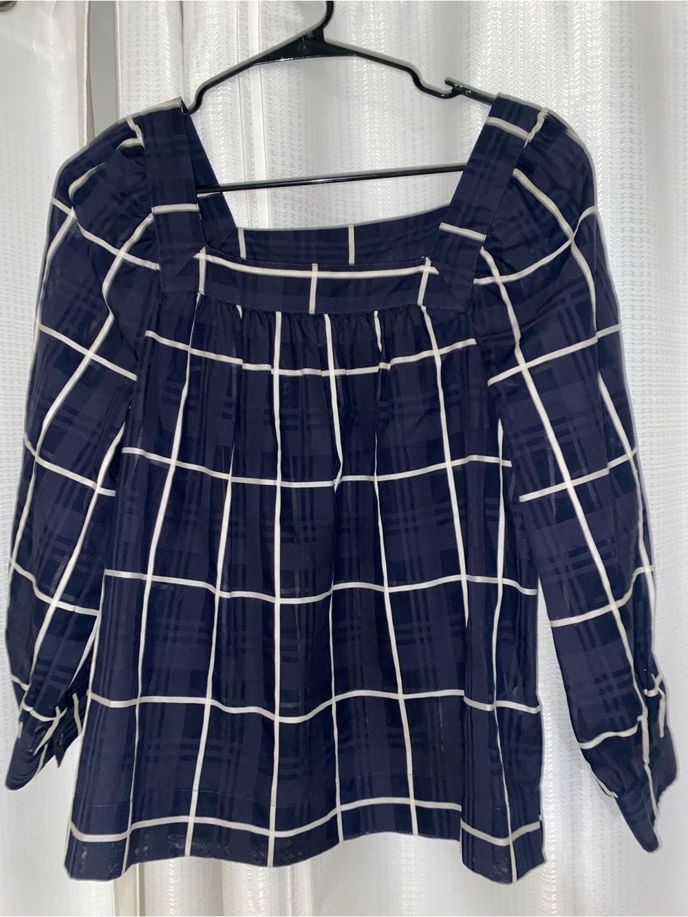 J.CREW Women's Blue/White Plaid Square Neck 3/4 Sleeve Pullover Blouse 6